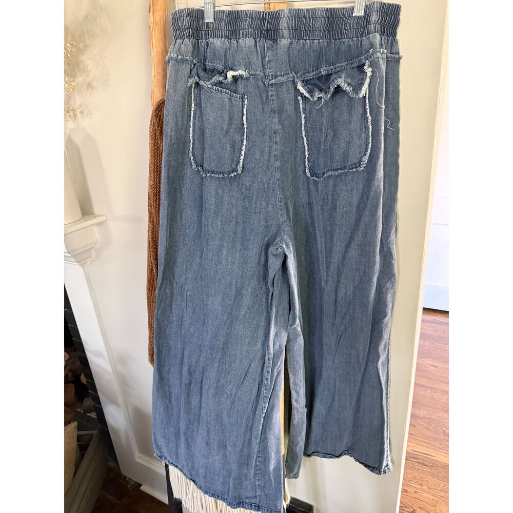 Easel Womens Large Wide Leg Boho Hippie Blue Denim Drawstring Stretch Pants - Picture 2 of 6